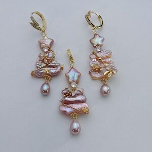 25XM6 Xmas Handmade Freshwater Baroque Pearl Christmas Tree Pendant Earrings Set
